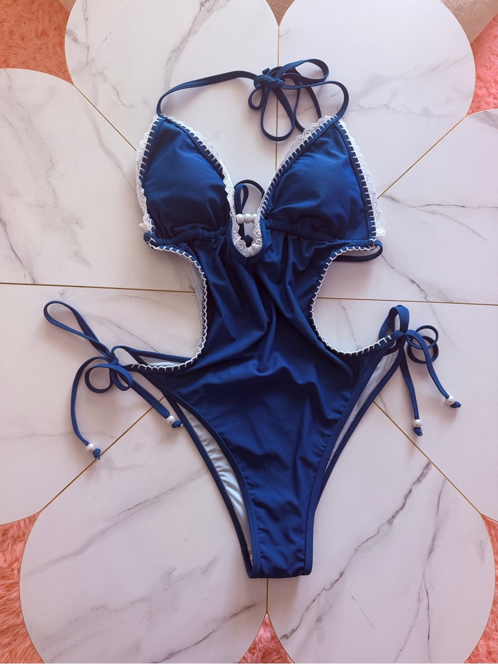 Classic quiet luxury Blue One-Piece Swimsuit with White Trim and beads